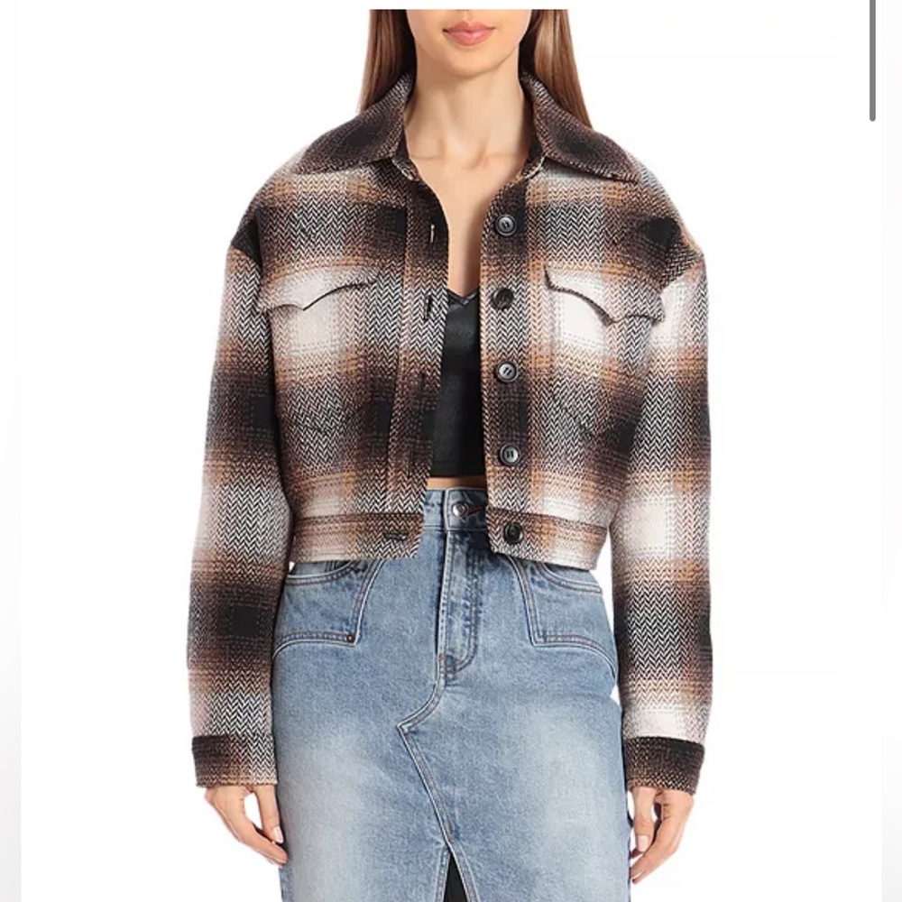Avec Les Files Size Small Plaid Trucker Fleece Cropped Jacket